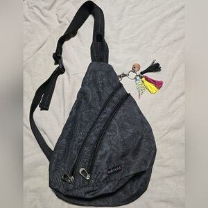 Sakroots Dark Gray Patterned Crossbody Sling Bag with Multicolor Tassel
